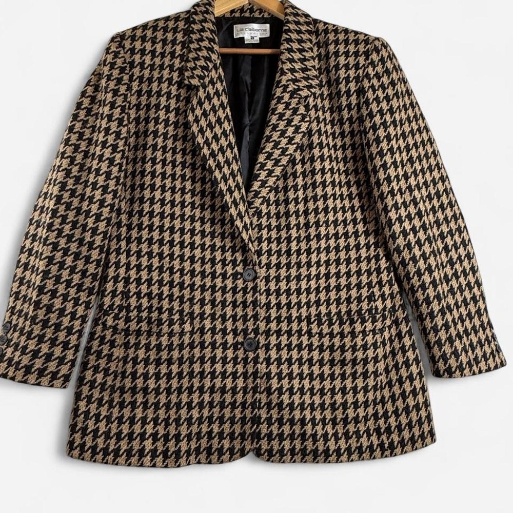 [12] [EXCELLENT] [Brown] Liz Claiborne Blazer Women 12 Beige Houndstooth Preppy
